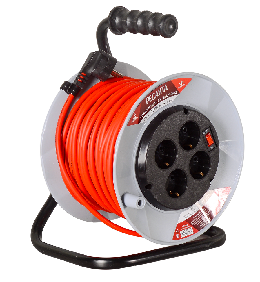 Удлинитель силовой на катушке Ресанта СУ-3х1,5-30/2 (с выкл., 4 розетки)