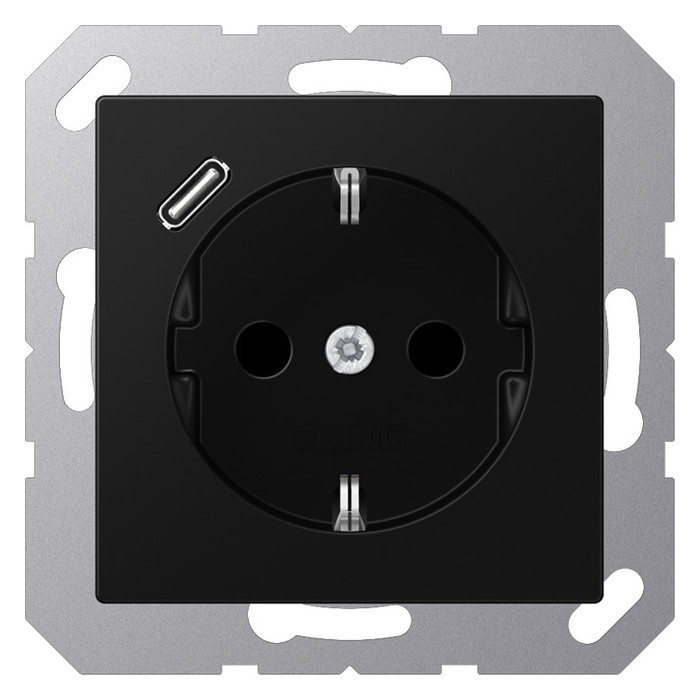 Розетка с USB Jung A 500, скрытый монтаж, с заземлением, черный матовый, A1520-18CSWM